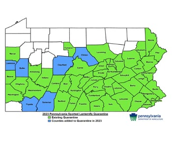 Map of PA Counties with spotted lanternfly quarantine