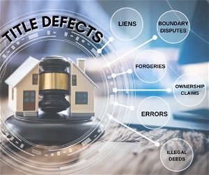 Possible title defects include liens, boundary disputes, forgeries, ownership claims, errors