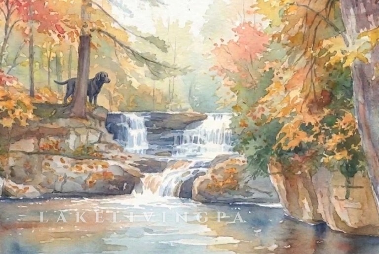 Thornhurst PA lifestyle in the woods. Watercolor illustration of a waterfall in autumn with a black labrador in the woods