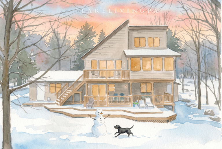 Watercolor illustration of a Poconos contemporary lake home in the winter. There is a black lab playing in the snow.