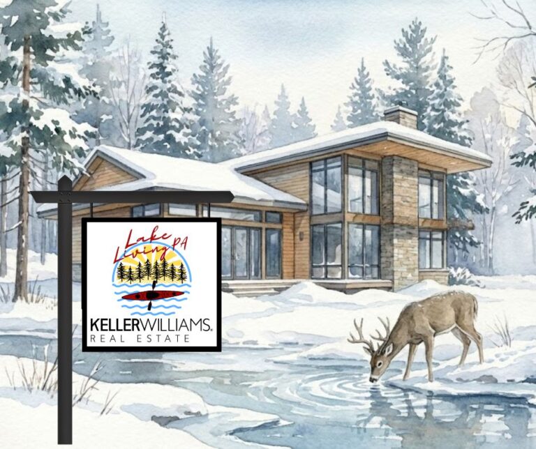 Modern cabin in a snowy landscape, featuring a deer by a stream. A sign advertises Keller Williams real estate, emphasizing winter getaways.