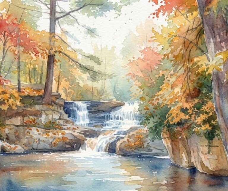 A serene watercolor scene depicting a gentle waterfall surrounded by vibrant autumn foliage, reflecting the tranquility of nature.