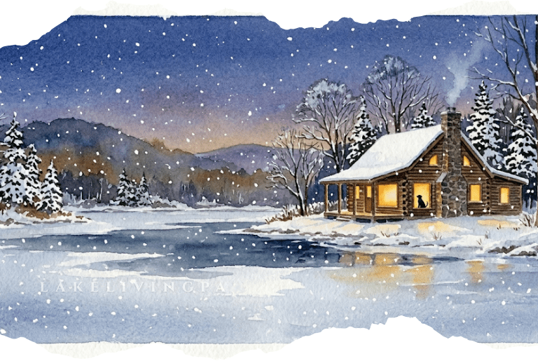 Cozy cabin image showing winter weather Pocono homeowners face. Log cabin by a pond at twilight. It's snowing and a dog is seen in the window