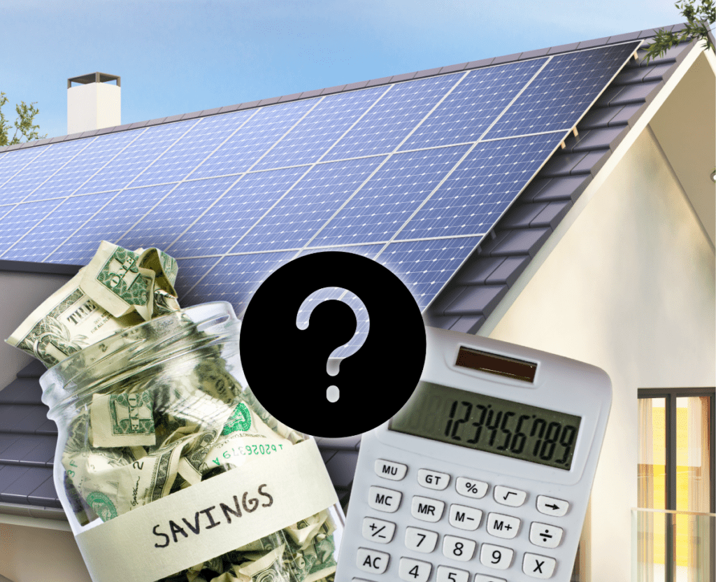 Image showing a house roof with solar panels installed, a jar of money labeled savings, a calculator, and a question mark to illustrate the post