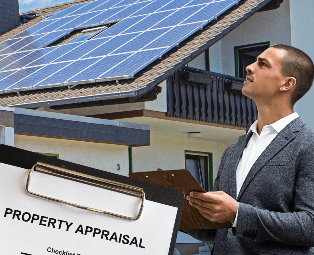Do solar panels increase home values? Picture of a house with solar panels and an appraiser with a clip board evaluating the home