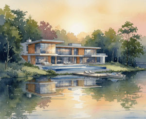 Watercolor style image of a contemporary lakefront home, in summertime, late in the day