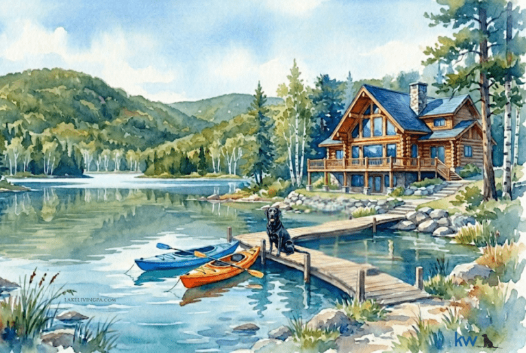 Non-powerboat lakes in northeastern Pennsylvania are often peaceful and tranquil. Illustration: a luxury waterfront/lakefront property with a log home, dock, kayaks and a black labrador retriever on a summer day
