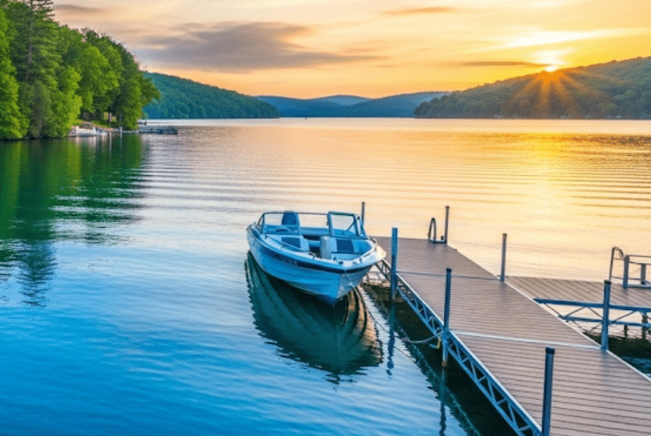 Lake Wallenpaupack Lakefront Buyers should know these 7 things before buying. Image shows a motorboat moored to a dock on a lake at sunset
