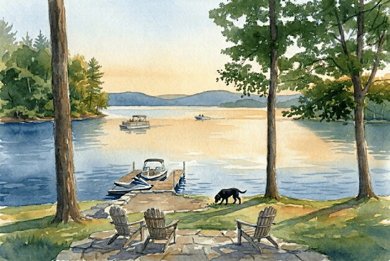 Watercolor illustration depicting a waterfront dock with a black lab on the shoreline. There are things every Lake Wallenpaupack waterfront buyer should know about shoreline rules.