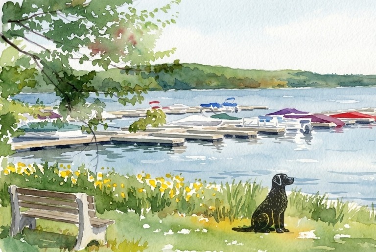 Dog by Lake Wallenpaupack Lakefront illustration with boat slips