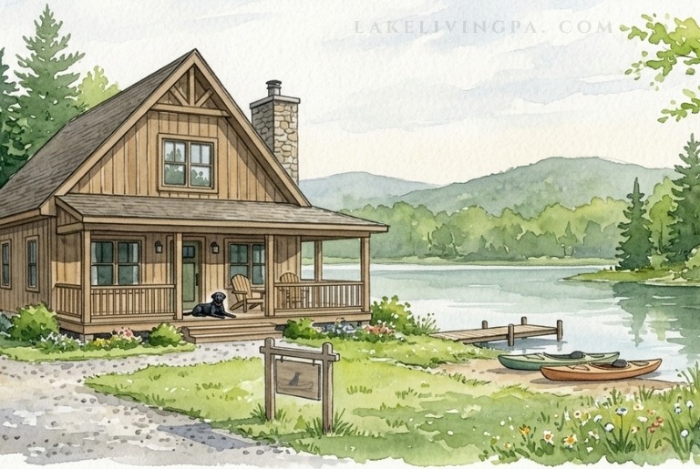 short-term rental rules in the poconos: things buyers should know. image of a lakefront chalet with kayaks and a porch. a black lab sits on the porch. there is a rental sign in the yard.
