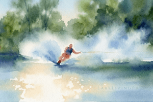 A watercolor image of a person waterskiing on a lake on a summer day