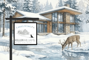 A watercolor image of a contemporary, luxury waterfront home in the winter. A deer is drinking from the water and the landscape is snowy. A LakeLivingPA Keller Williams Real Estate sign indicates the home is for sale.