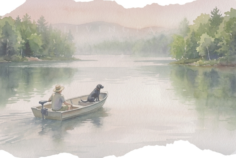 Quiet Poconos lake in northeastern PA with someone and a black lab in a boat with an electric motor