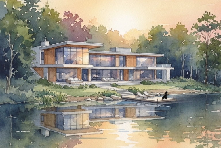Watercolor illustration of a Poconos lakefront home prepared for sale