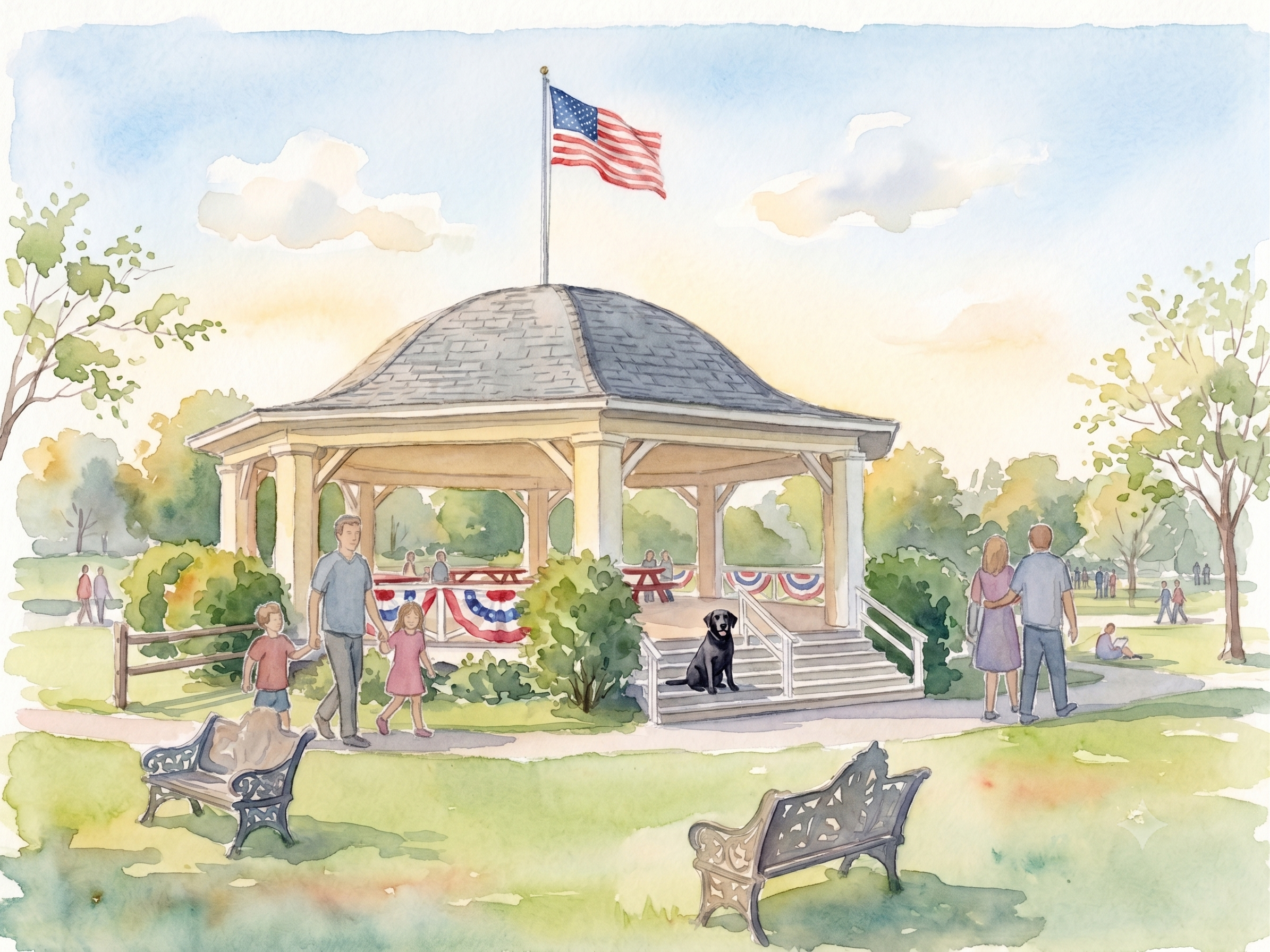atercolor of the Bingham Park gazebo in Hawley with red, white, and blue bunting and an American flag, a black Lab on the steps, on a sunny summer day.