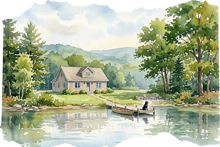 A Poconos Lake House with a dog and a dock in the summer