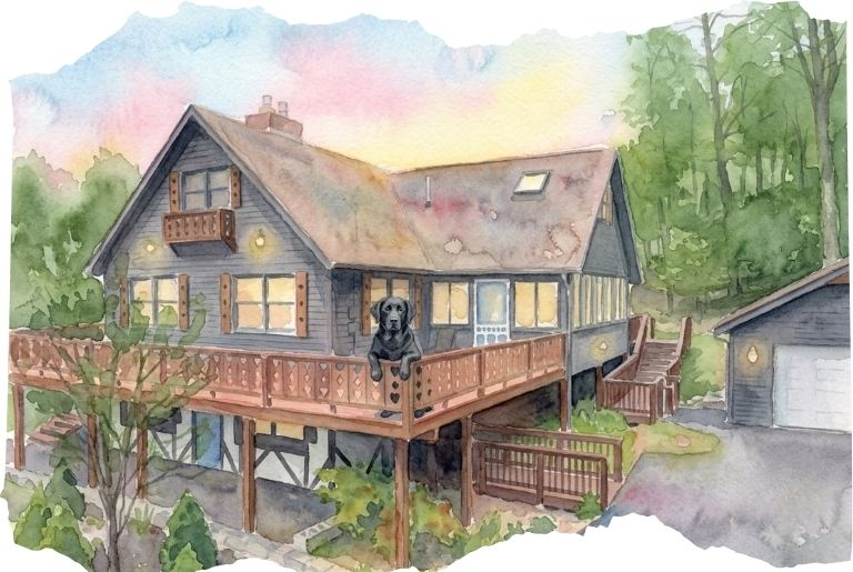 Watercolor style illustration of a home for sale in Tanglwood Lakes at Lake Wallenpaupack, with a friendly black labrador retriever greeting you on the deck.