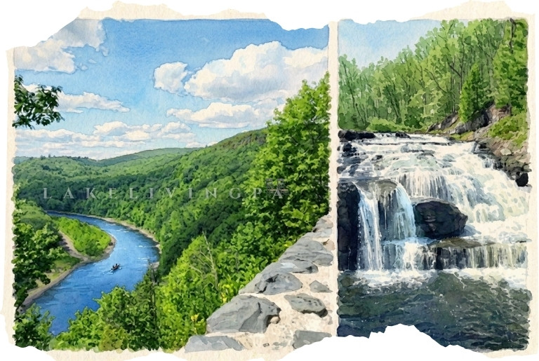 Things to do near Lake Wallenpaupack Postcard like image of the Delaware River as seen from The Hawks Nest on Route 97 in Orange County NY, and Shohola Falls in Pike County PA