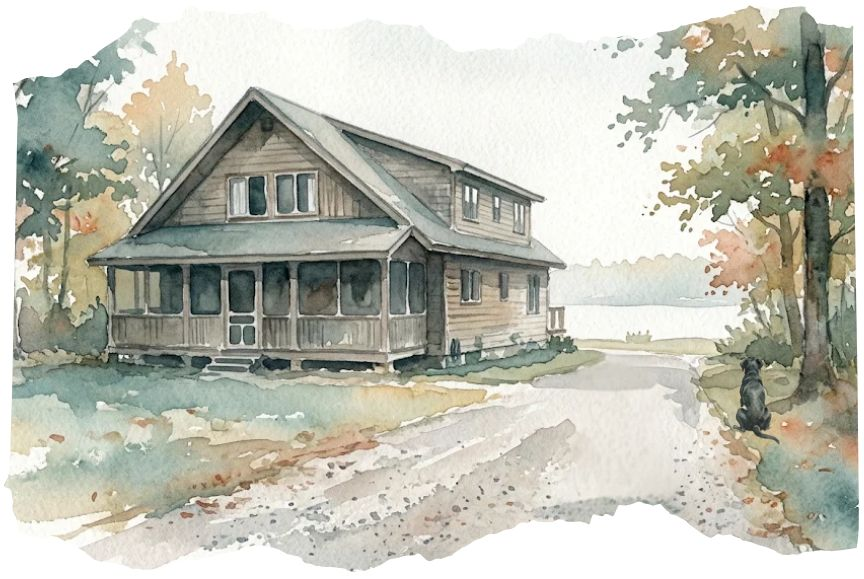 Watercolor image of an older lakefront home and a labrador retriever waiting in the yard for people to come back from the lake