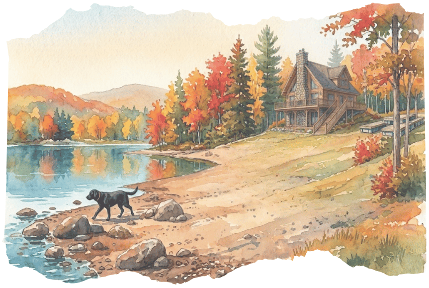 Lake Wallenpaupack Dock Removal: a black lab wanders the shoreline of a lakefront home after the dock has been removed (illustration)